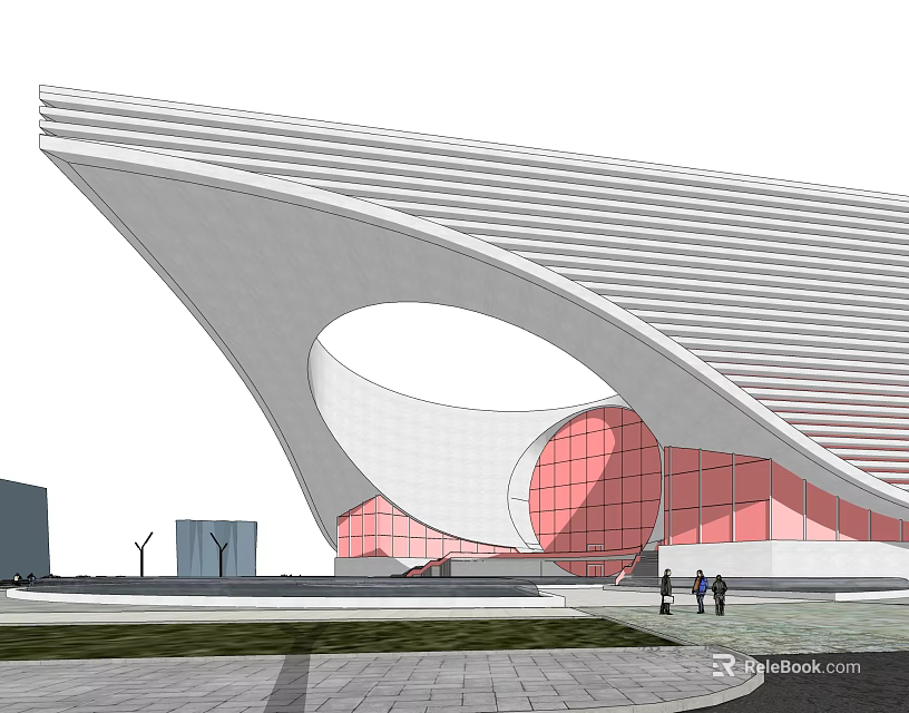 Modern Architectural Building With Streamlined White Roof Circular Opening And Red Glass Facade 3d model 