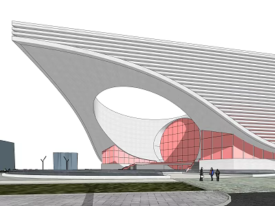 Modern Architectural Building With Streamlined White Roof Circular Opening And Red Glass Facade 3d model