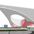 Modern Architectural Building With Streamlined White Roof Circular Opening And Red Glass Facade