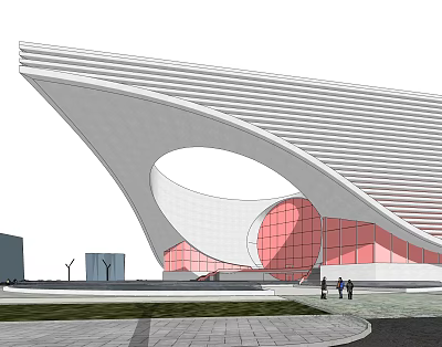 Modern Architectural Building With Streamlined White Roof Circular Opening And Red Glass Facade 3d model