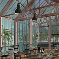 Bright Glass Awning Design For Indoor Dining Area With Hanging Lamps And Plants