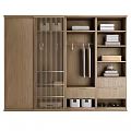 Modern Wooden Wardrobe With Vertical Striped Glass Doors Open Storage Hanging Rod And Storage Bins
