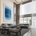 Modern Loft Living Room With High Ceiling Large Windows And Gray Furniture