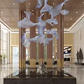 Modern Hotel Lobby With Artistic Chandelier Green Marble Wall And Decorative Sculpture