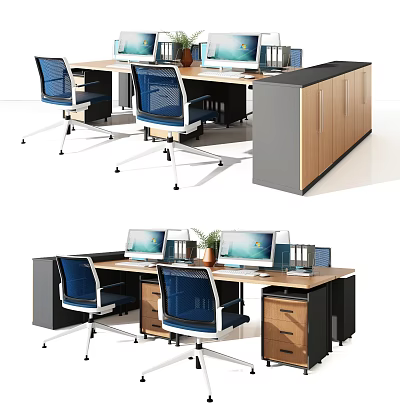 Modern Office Desk With Computer Monitors Ergonomic Chairs And Storage Cabinets 3d model