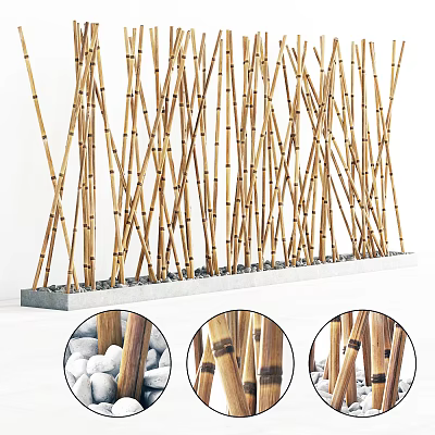 Bamboo Poles Arranged in Modern Garden with Stone Base and Joint Details 3d model