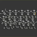 Silver Robots Arranged in Rows with Some Raising Hands on Gray Reflective Background
