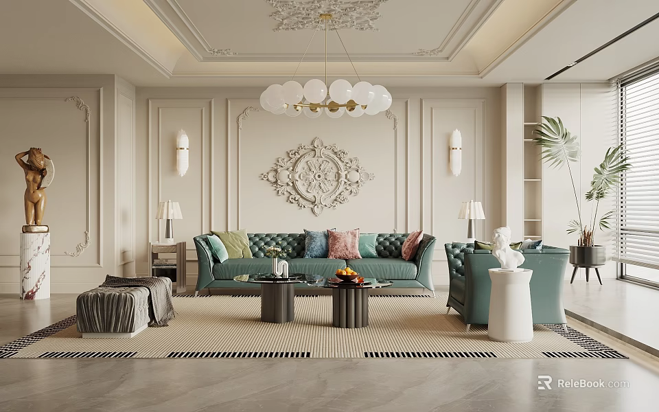 Elegant Living Room Interior With Ornate Wall Decor Green Sofa Colorful Cushions And Spherical Chandelier 3d model 