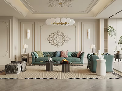 Elegant Living Room Interior With Ornate Wall Decor Green Sofa Colorful Cushions And Spherical Chandelier 3d model