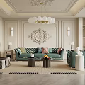 Elegant Living Room Interior With Ornate Wall Decor Green Sofa Colorful Cushions And Spherical Chandelier