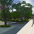 Landscaped Garden With Greenery Pathway And Water Feature By High Rise Building