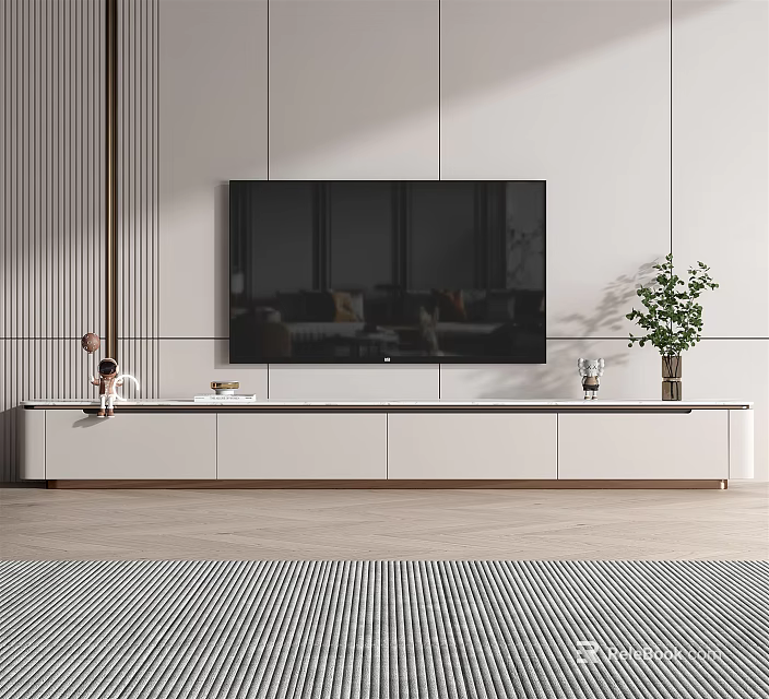 Modern Living Room TV Stand With Flat Screen TV And Potted Plant Decorations 3d model 
