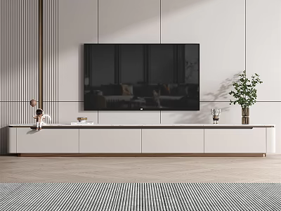 Modern Living Room TV Stand With Flat Screen TV And Potted Plant Decorations 3d model
