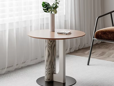 Modern Round Side Table with Light Brown Top Marble Leg White Vase and Green Plant 3d model