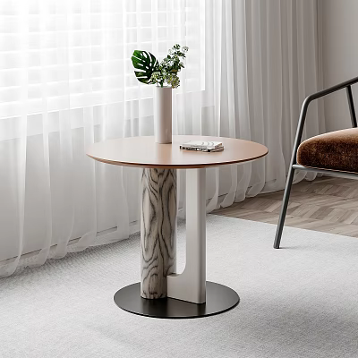 Modern Round Side Table with Light Brown Top Marble Leg White Vase and Green Plant 3d model