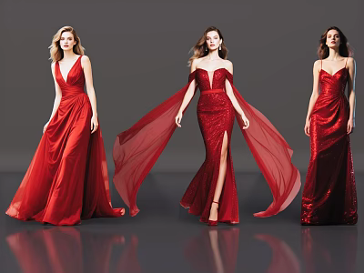 Three Women Wearing Red Evening Gowns With Flowing Trains And Elegant Designs 3d model