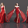 Three Women Wearing Red Evening Gowns With Flowing Trains And Elegant Designs