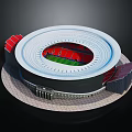 Modern Circular Stadium Design With Red Seats Green Field And White Rim