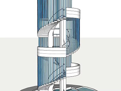 Modern Tower With Spiral Staircase And Blue Vertical Stripes White Circular Platforms In Architectural Design 3d model