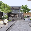 Elegant Courtyard Garden With Outdoor Dining Table Chairs Lilac Flowers Green Plants And Pergola