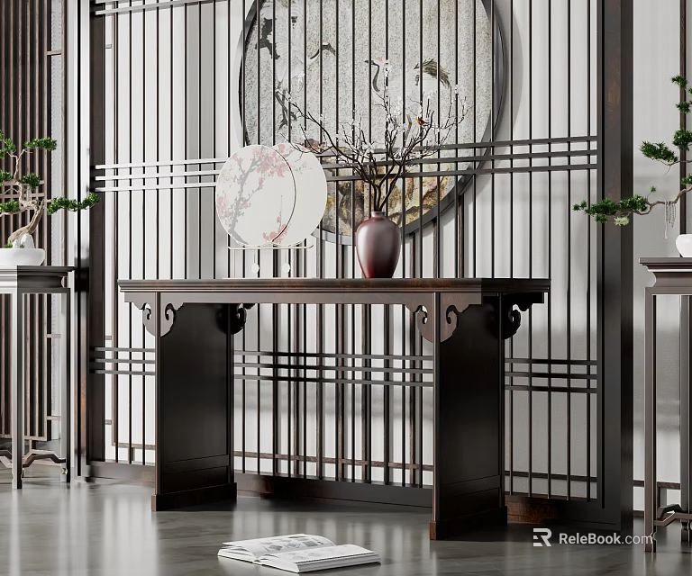 Chinese Style Console Table With Decorative Vase Screen And Traditional Elements 3d model