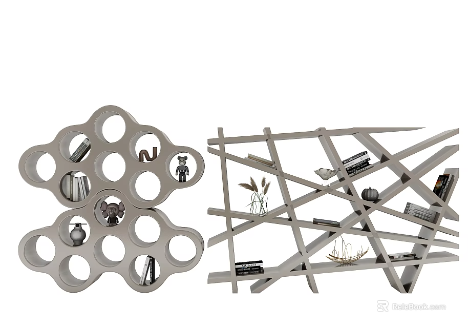 Artistic Geometric Bookcase Design With Circular Holes And Crossed Shelves Displaying Books And Decor 3d model 