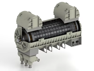 Industrial Equipment With Rotary Drum Steel Housing Symmetrical Upper Structures Internal Components And Support Legs 3d model