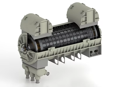 Industrial Equipment With Rotary Drum Steel Housing Symmetrical Upper Structures Internal Components And Support Legs 3d model