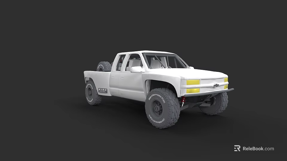 White Pickup Truck With Large Off Road Tires And Modified Front Bumper 3d model 