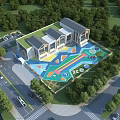 Modern School Building with Colorful Playground Surrounded by Green Trees and Road