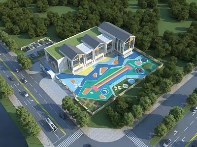 Modern School Building with Colorful Playground Surrounded by Green Trees and Road 3d model