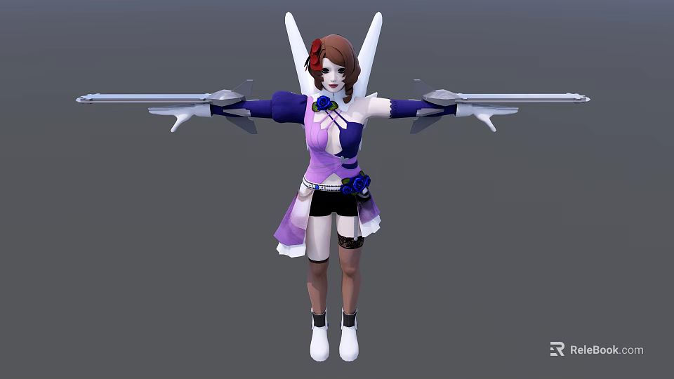Female Game Character With Brown Hair Red Accessory White Wings And Purple Dress 3d model 
