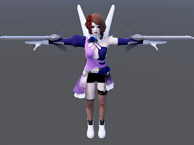 Female Game Character With Brown Hair Red Accessory White Wings And Purple Dress 3d model