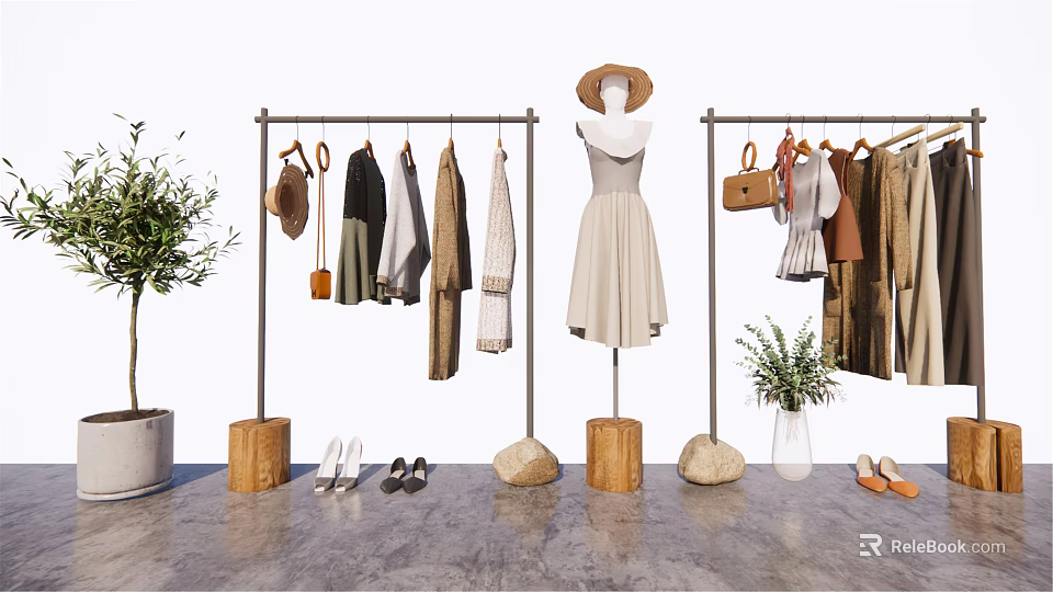 Stylish Clothing Rack Display With Mannequin Dresses Bags Shoes Plant And Wooden Bases 3d model 