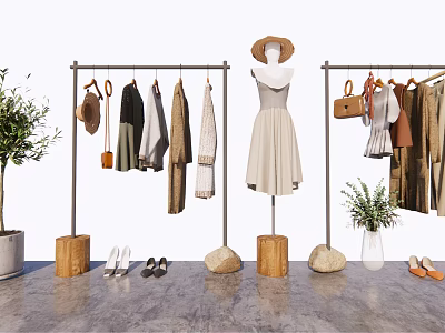 Stylish Clothing Rack Display With Mannequin Dresses Bags Shoes Plant And Wooden Bases 3d model
