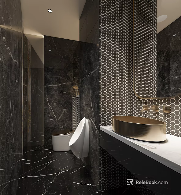 Hotel Bathroom with Black Marble Walls Hexagonal Pattern Tiles Gold Basin and White Countertop 3d model 