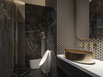Hotel Bathroom with Black Marble Walls Hexagonal Pattern Tiles Gold Basin and White Countertop 3d model