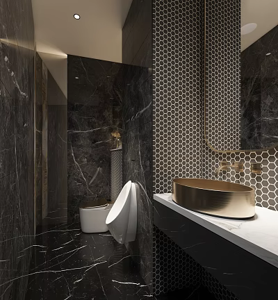 Hotel Bathroom with Black Marble Walls Hexagonal Pattern Tiles Gold Basin and White Countertop 3d model