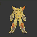 Red Blue And Gold Mecha Robot Character With Golden Horns And Chest Armor