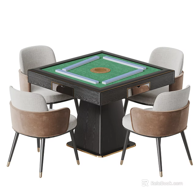 Modern Square Entertainment Table Green Surface Round Center Mahjong Tiles And Four Gray Brown Chairs 3d model 