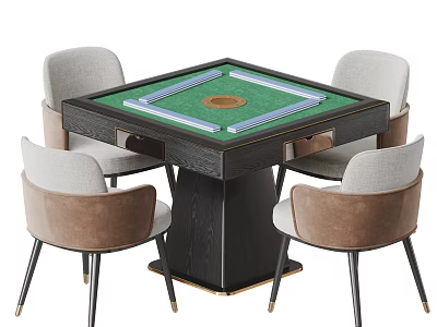 Modern Square Entertainment Table Green Surface Round Center Mahjong Tiles And Four Gray Brown Chairs 3d model