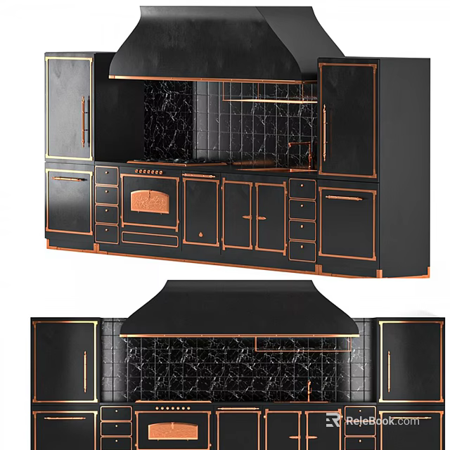 Modern Black Kitchen Cabinets With Gold Accents And Marble Backsplash 3d model