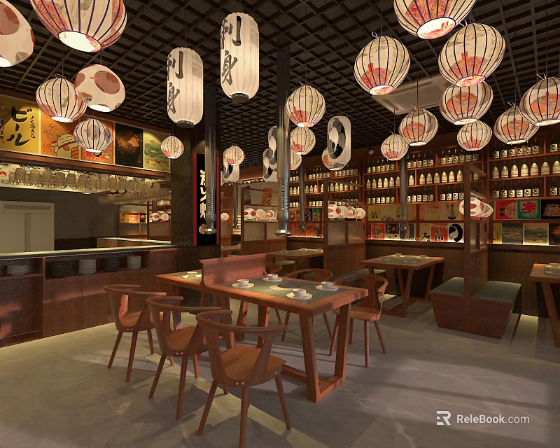 Japanese Style Restaurant Interior With Hanging Lanterns Wooden Tables And Shelves With Bottles 3d model 