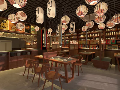 Japanese Style Restaurant Interior With Hanging Lanterns Wooden Tables And Shelves With Bottles 3d model