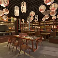 Japanese Style Restaurant Interior With Hanging Lanterns Wooden Tables And Shelves With Bottles