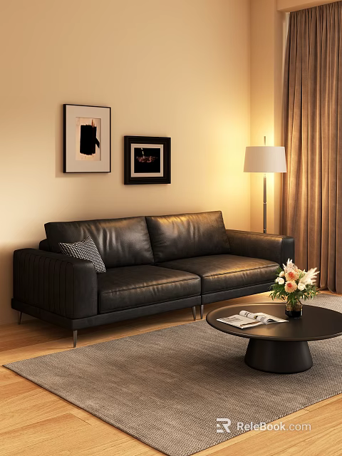 Modern Black Leather Sofa and Coffee Table Set with Wall Art Floor Lamp and Flowers 3d model 