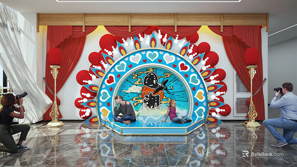 Gorgeous Photo Check In Spot With Decorative Arch Red Curtains And Marble Floor 3d model 