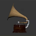 Classic Vintage Gramophone Featuring Brass Horn Wooden Base And Black Turntable