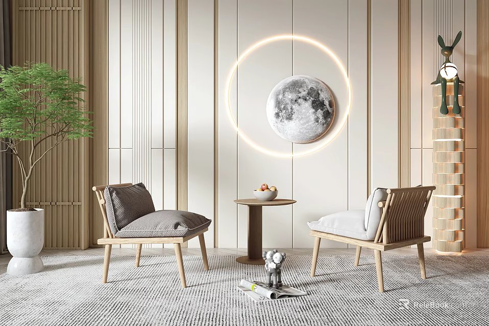 Stylish Casual Sofa Set With Wooden Chairs Gray Cushions Small Round Table And Moon Decorative Light 3d model 