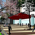 Bustling Urban Commercial Street With Pedestrians Modern Buildings Pedestrian Bridge And Trees